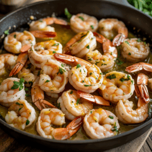 Shrimp sautéed in garlic butter with herbs in a black skillet, garnished with chopped parsley.