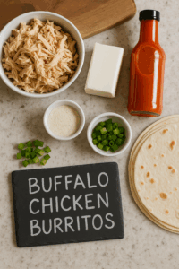 Flat lay of ingredients for Buffalo Chicken Burritos including shredded chicken, cream cheese, ranch seasoning, wing sauce, tortillas, and green onions, arranged on a granite countertop with a small slate board labeled “Buffalo Chicken Burritos.”