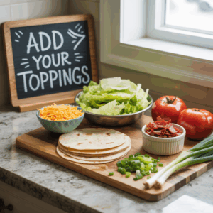 A bright kitchen scene with optional toppings for Buffalo Chicken Burritos displayed on a wooden cutting board, including shredded cheddar cheese, lettuce, diced green onions, bacon crumbles, tomatoes, and soft flour tortillas. A small chalkboard sign in the background reads “Add Your Toppings.”