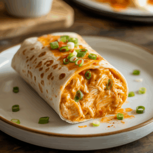A close-up of a Buffalo Crack Chicken Burrito on a white plate, filled with creamy shredded chicken, topped with chopped green onions, and oozing spicy sauce.
