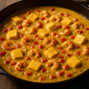 Creamy crawfish sauce with Velveeta cubes, crawfish tails, and diced tomatoes simmering in a black cast iron skillet.