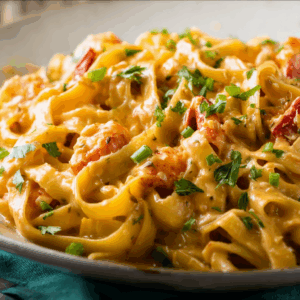 Close-up of creamy crawfish fettuccine tossed with plump crawfish tails and garnished with chopped green onions and parsley.