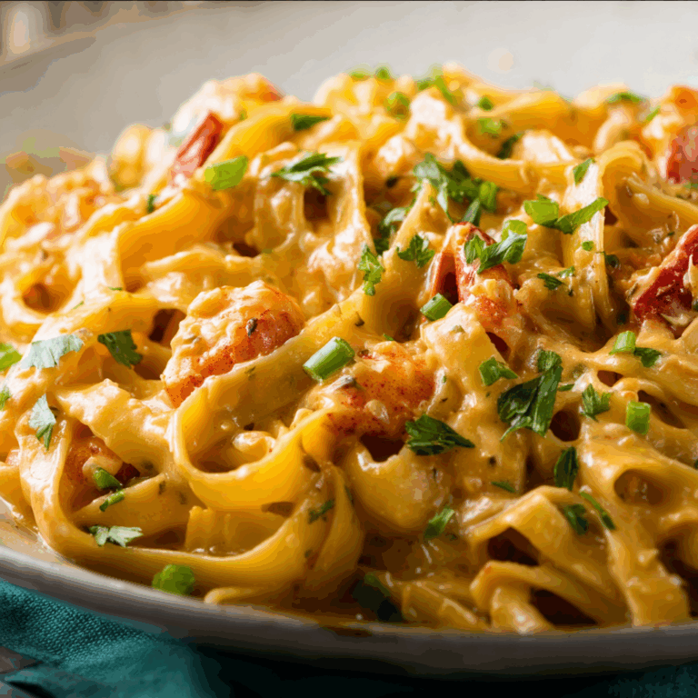 Close-up of creamy crawfish fettuccine tossed with plump crawfish tails and garnished with chopped green onions and parsley.