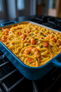 Close-up of creamy crawfish fettuccine baked in a blue ceramic dish, with golden cheese sauce, crawfish tails, and parsley, resting on a stovetop.