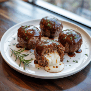 Four individual BBQ meatloaf portions on a white plate, glazed with barbecue sauce and garnished with parsley, one meatloaf cut open to reveal gooey melted mozzarella.