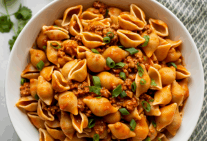  A white bowl filled with shell pasta in a rich taco-seasoned tomato sauce, topped with ground beef and fresh green onions