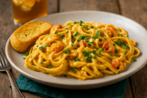 A serving of creamy crawfish fettuccine garnished with parsley, paired with garlic bread and iced tea on a rustic wooden table.