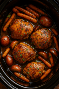 A close-up view of slow cooker chicken thighs simmered in honey garlic sauce, surrounded by baby carrots and red potatoes, garnished with chopped parsley.