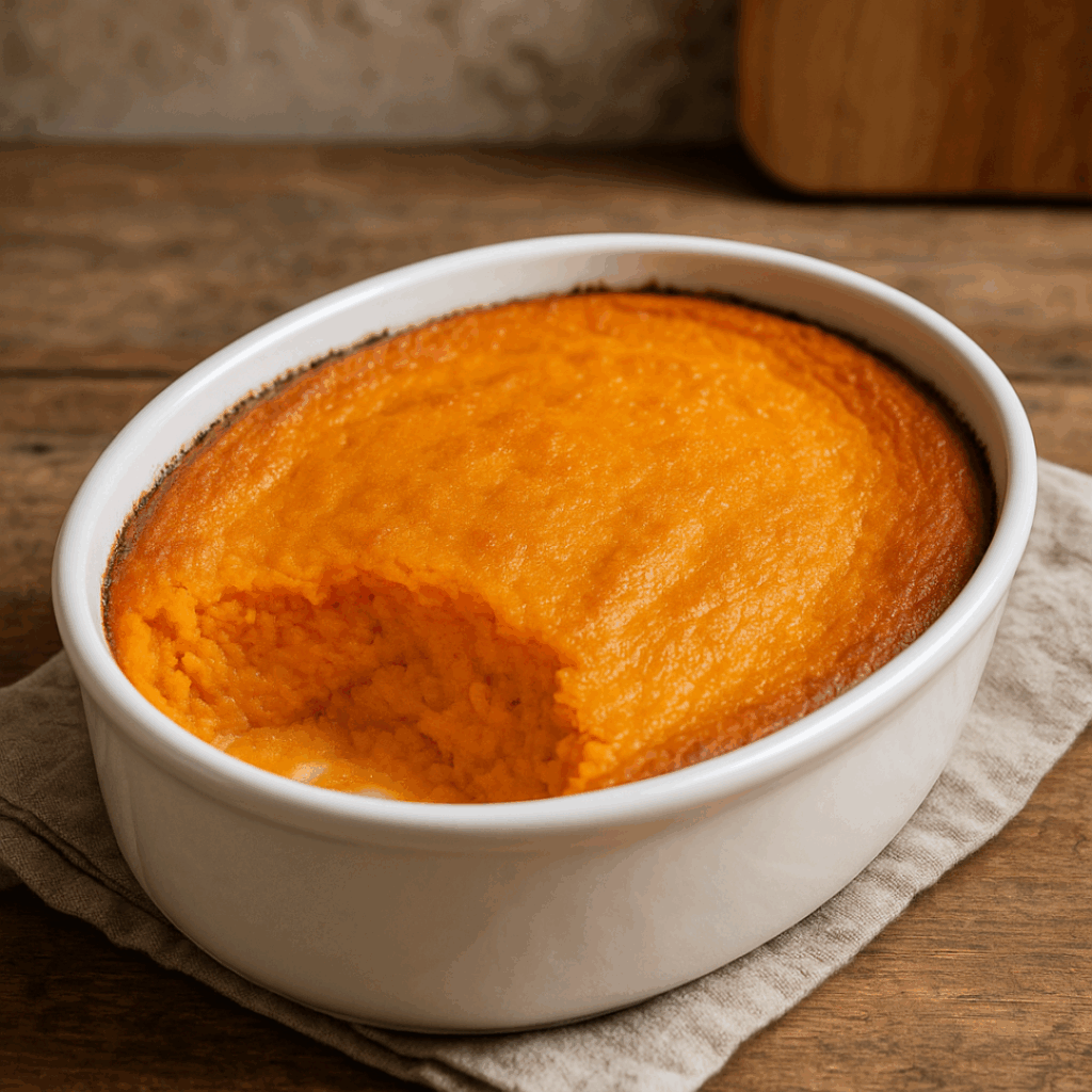 Freshly baked carrot soufflé in a white ceramic dish, set on a rustic wooden table with a cozy kitchen backdrop.