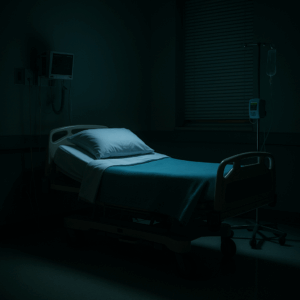 Empty hospital bed at night in a dimly lit room with cool blue tones, medical monitors glowing softly, and an IV pole beside the bed, symbolizing vulnerability and loneliness.