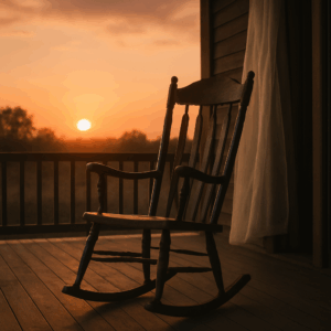 Empty wooden rocking chair on a porch at sunset, symbolizing loneliness and the passage of time.