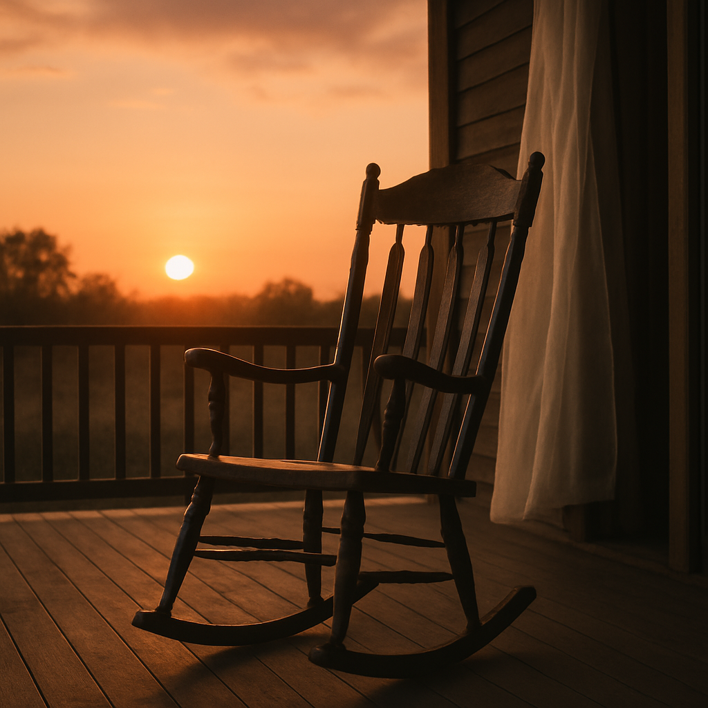 Empty wooden rocking chair on a porch at sunset, symbolizing loneliness and the passage of time.