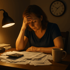 Middle-aged woman sitting alone at a cluttered desk, head in hand, surrounded by bills and paperwork, under the glow of a desk lamp with a clock showing midnight.