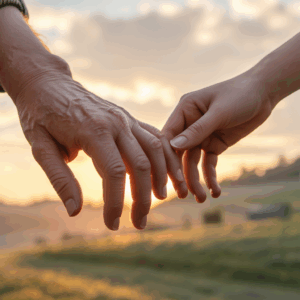 Close-up of an older hand and a younger hand gently reaching toward each other at sunrise, symbolizing connection, comfort, and hope for healing.