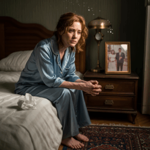 Middle-aged woman in blue pajamas sitting on the edge of her bed, looking sad and contemplative, with a crumpled tissue nearby and a framed wedding photo on the nightstand.