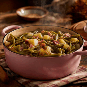 A pink enamel pot filled with simmered Southern green beans, tender potatoes, onions, and smoky bacon, steaming hot on a rustic wooden table.