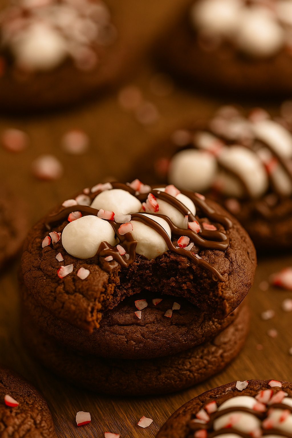 Close-up of a Peppermint Hot Cocoa Cookie with a bite taken out, showing its soft, chewy chocolate interior topped with melted marshmallows, chocolate drizzle, and crushed candy cane pieces.