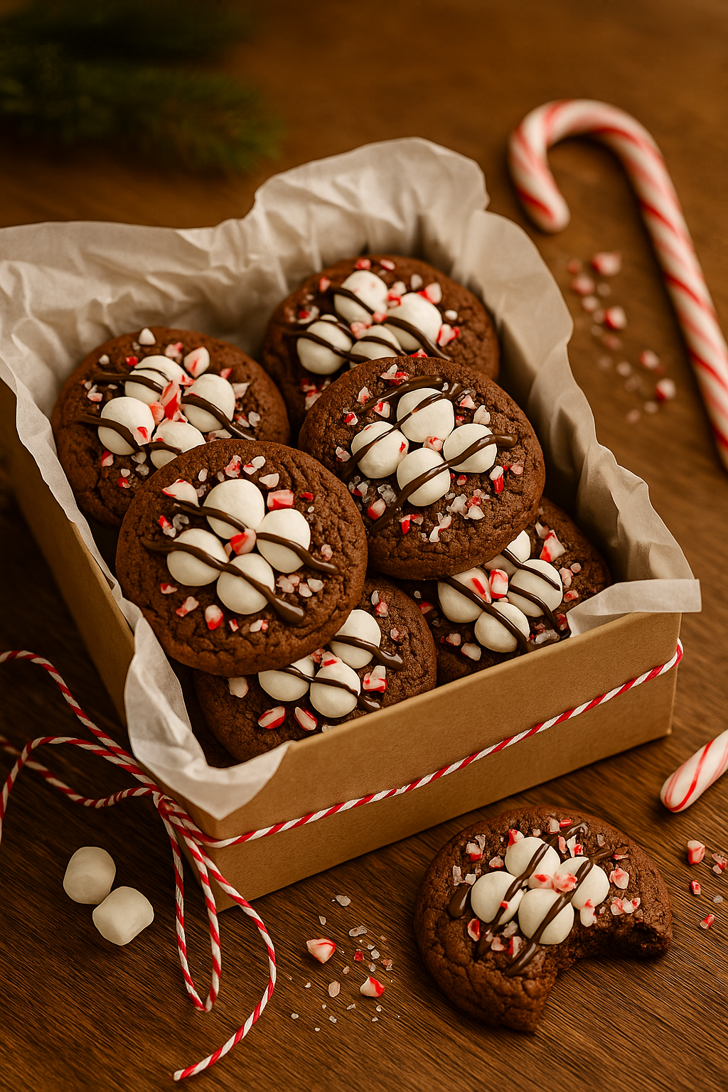 Brown kraft gift box lined with parchment paper and filled with Peppermint Hot Cocoa Cookies topped with marshmallows, chocolate drizzle, and crushed candy canes. Holiday twine, candy canes, and festive decor surround the box.