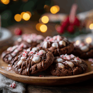 Close-up of Peppermint Hot Cocoa Cookies on a wooden plate, topped with melted marshmallows, chocolate drizzle, and crushed candy canes, with warm bokeh Christmas lights in the background.