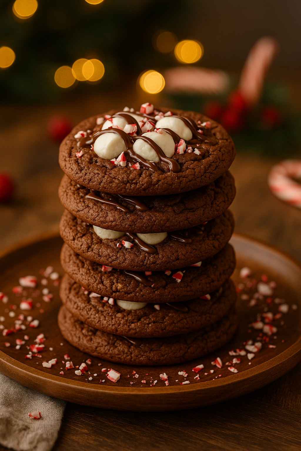 Tall stack of Peppermint Hot Cocoa Cookies topped with melted marshmallows, chocolate drizzle, and crushed candy canes on a wooden plate with warm Christmas lights in the background.