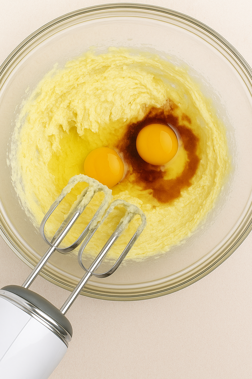Overhead view of a mixing bowl filled with creamed butter and sugar with two cracked eggs and vanilla extract added on top, ready to be blended with a hand mixer.