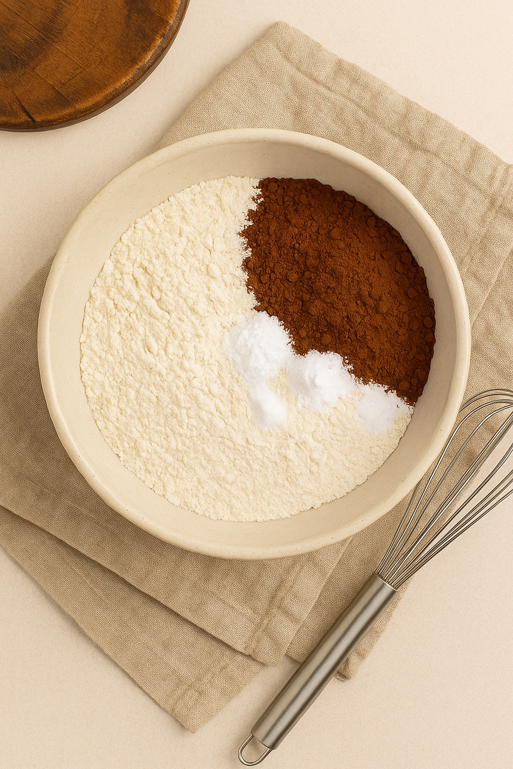 Overhead image of a mixing bowl filled with flour, cocoa powder, baking soda, baking powder, and salt, with a whisk resting beside it on a rustic linen cloth.