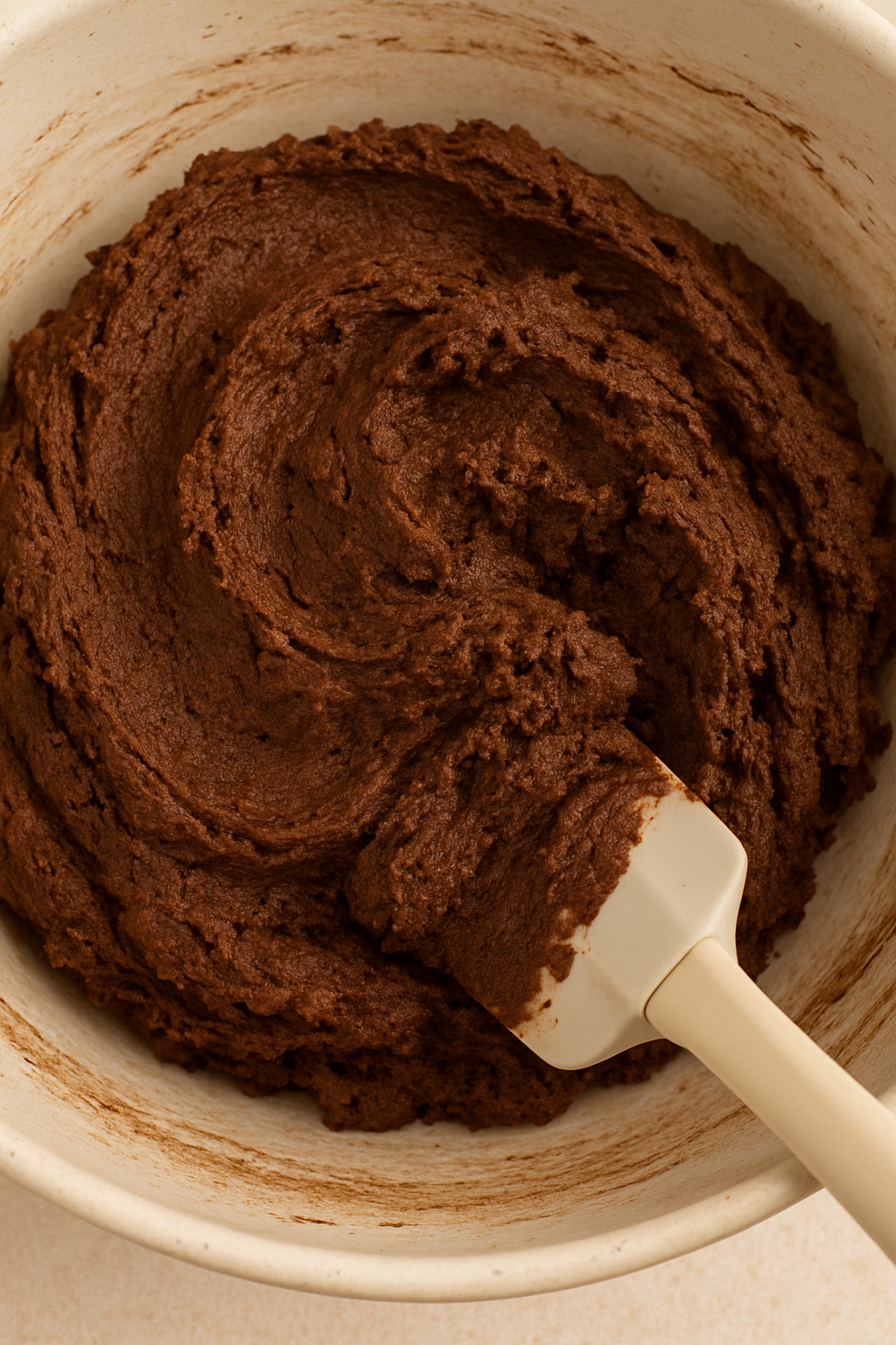 Close-up of thick chocolate cookie dough being mixed in a bowl with a rubber spatula, showing its dense, rich texture.