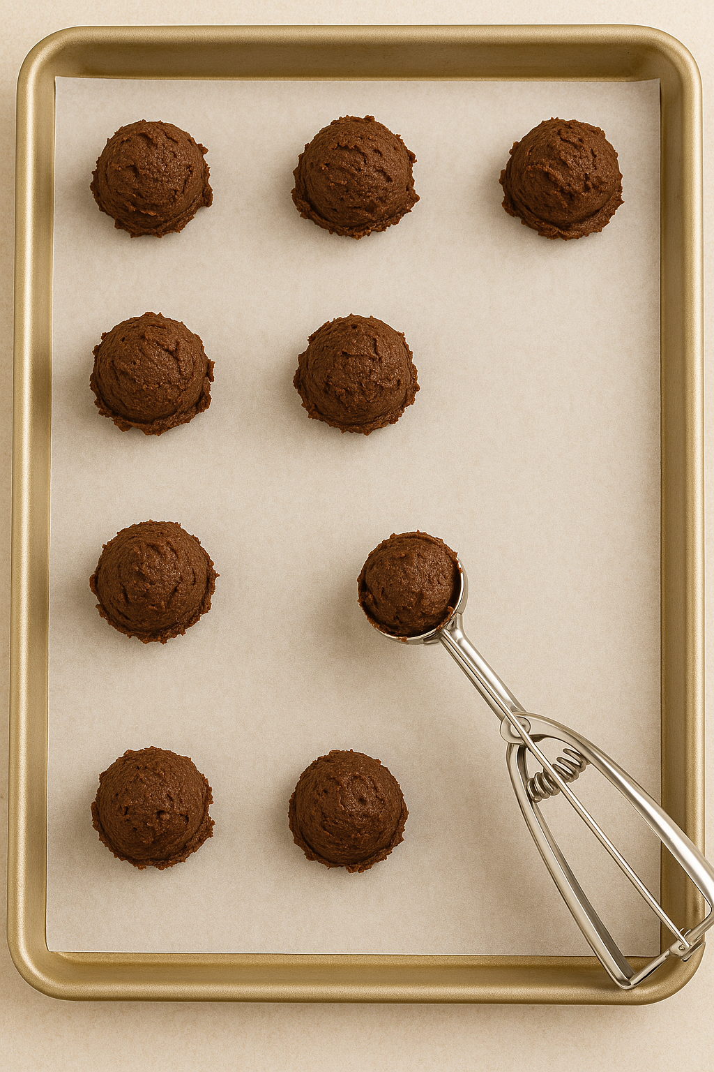 Overhead view of chocolate cookie dough being scooped onto a parchment-lined baking sheet with a metal cookie scoop.