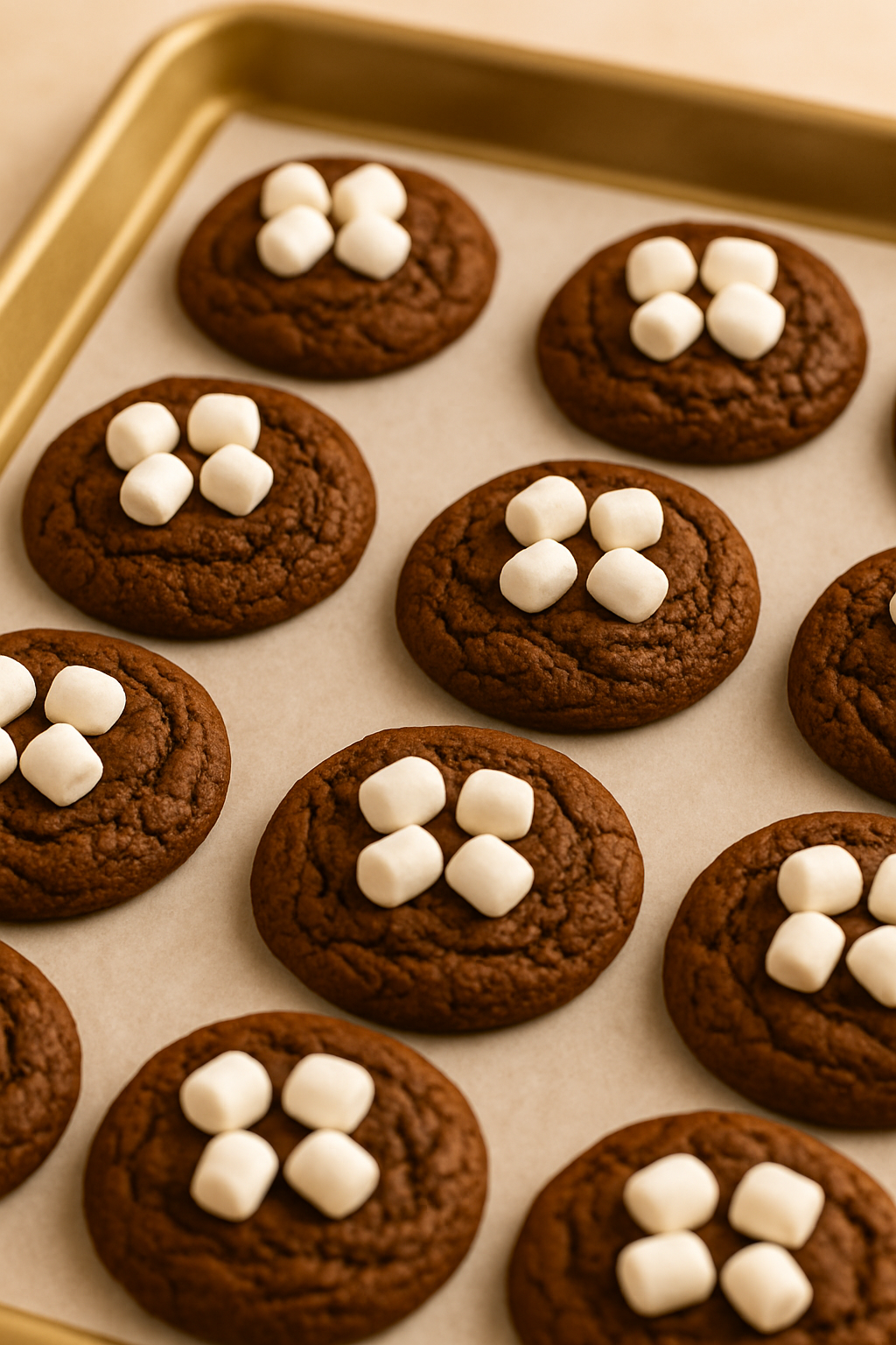 Freshly baked chocolate cookies on a baking sheet with mini marshmallows pressed into the warm tops, arranged in neat rows.