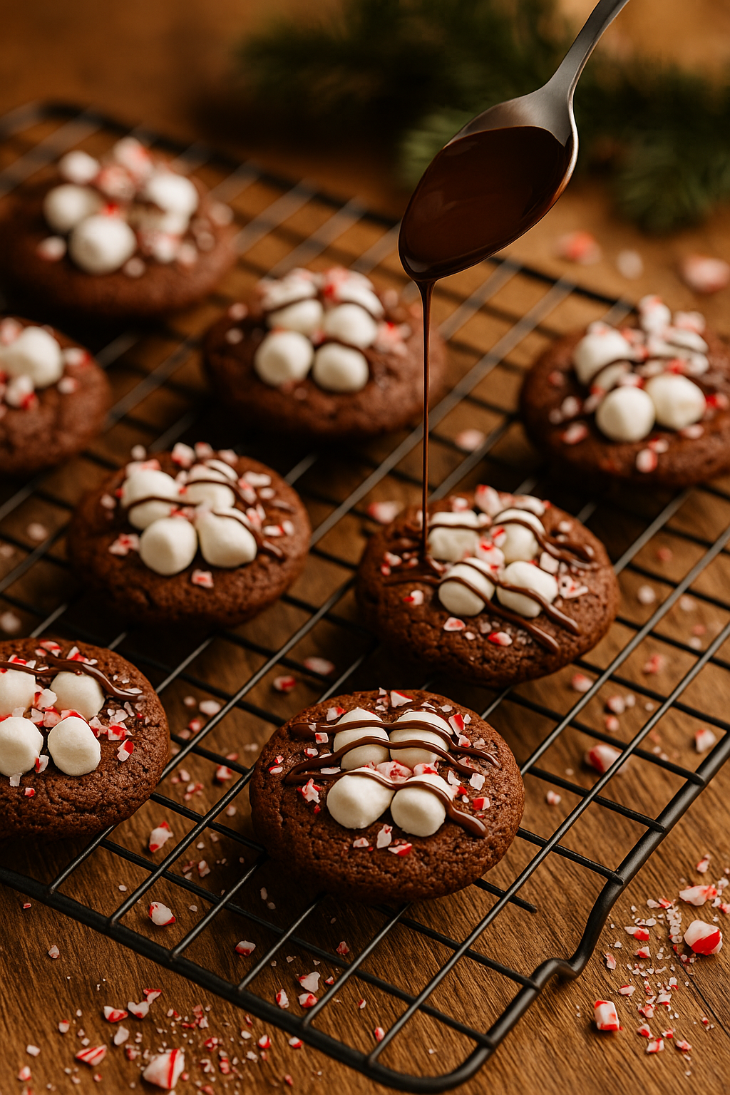 Close-up of Peppermint Hot Cocoa Cookies on a cooling rack as melted chocolate is drizzled over softened marshmallows and sprinkled with crushed candy cane pieces.