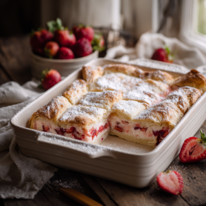 Strawberry cream cheese crescent bake sliced into squares in a white baking dish, showing flaky crescent layers and creamy strawberry filling
