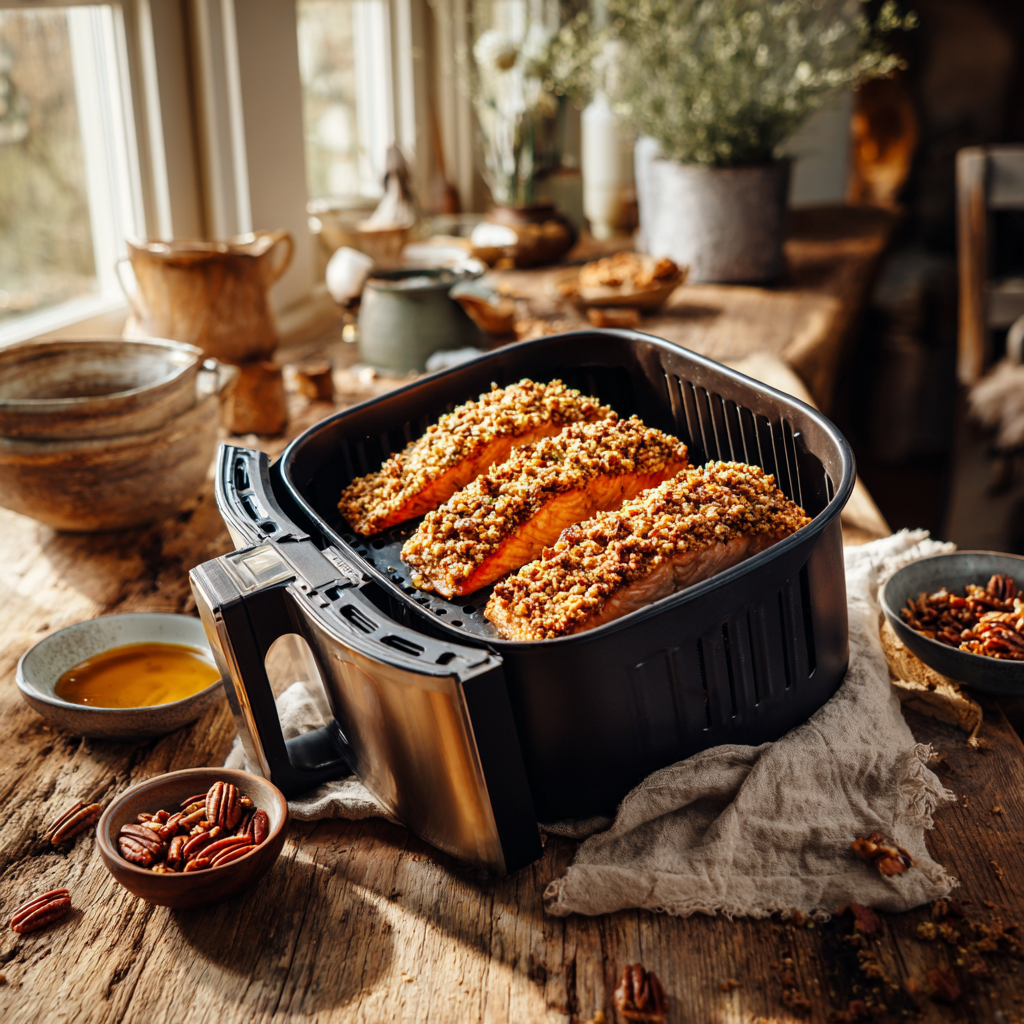 Maple pecan crusted salmon fillets inside an air fryer basket on a rustic wooden table, with warm natural light, chopped pecans, and maple glaze nearby.