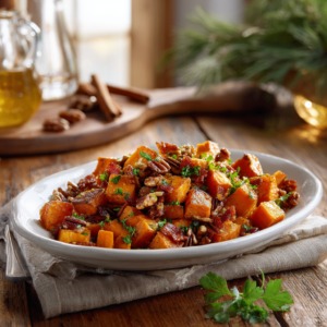 Roasted sweet potato cubes with crispy bacon and toasted pecans served in a rustic white dish, garnished with fresh parsley in a warm farmhouse kitchen setting.