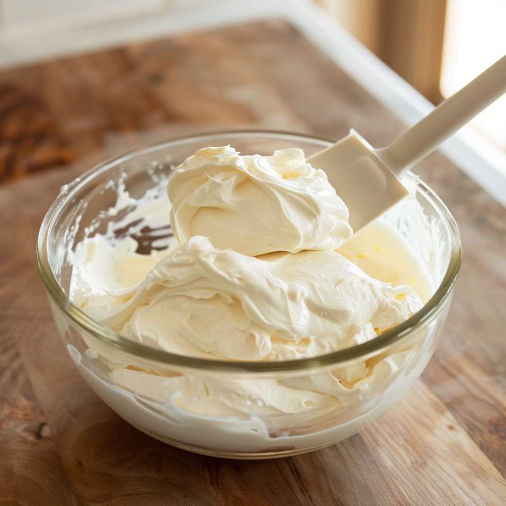 Softened cream cheese being smoothed in a glass mixing bowl until creamy and lump-free