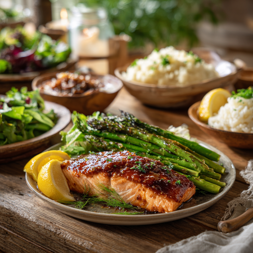 Plate of Brown Sugar Glazed Salmon served with roasted asparagus, lemon wedges, rice, and a fresh green salad in a warm rustic farmhouse setting.