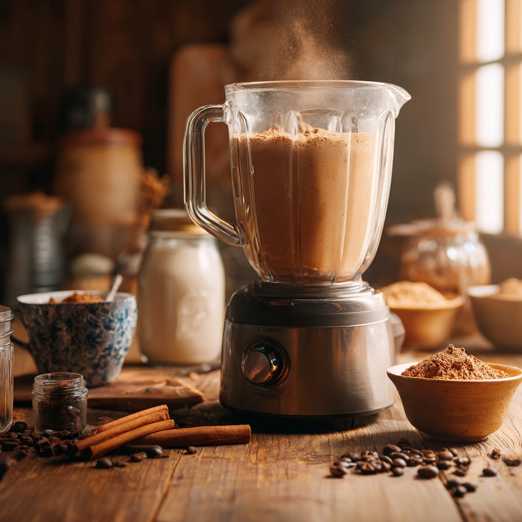 Rustic farmhouse kitchen scene showing a blender filled with a creamy mocha pudding mixture, surrounded by milk, coffee, cocoa powder, cinnamon sticks, and coffee beans on a wooden table.