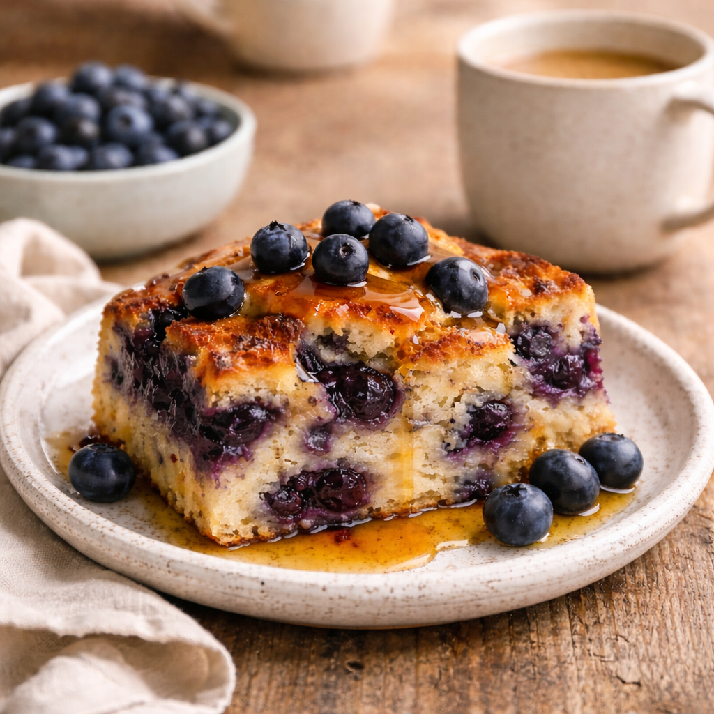 A plated serving of blueberry breakfast bake with a custardy interior, juicy blueberries, and warm maple syrup drizzled on top.