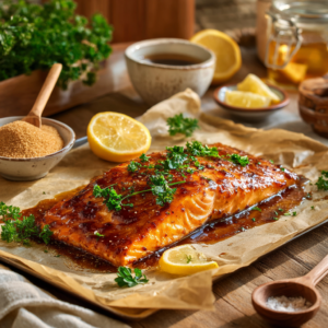 Photorealistic baked salmon fillet coated in a glossy brown sugar glaze, garnished with parsley and lemon slices on a rustic parchment-lined baking sheet.