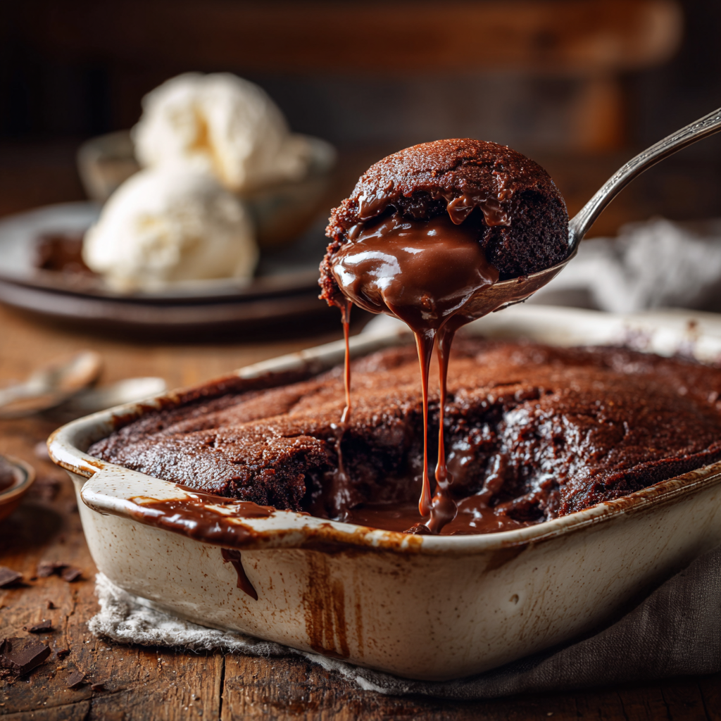 A spoon lifting a warm chocolate pudding cake with rich, self-saucing chocolate dripping back into a rustic baking dish, served with vanilla ice cream in the background.