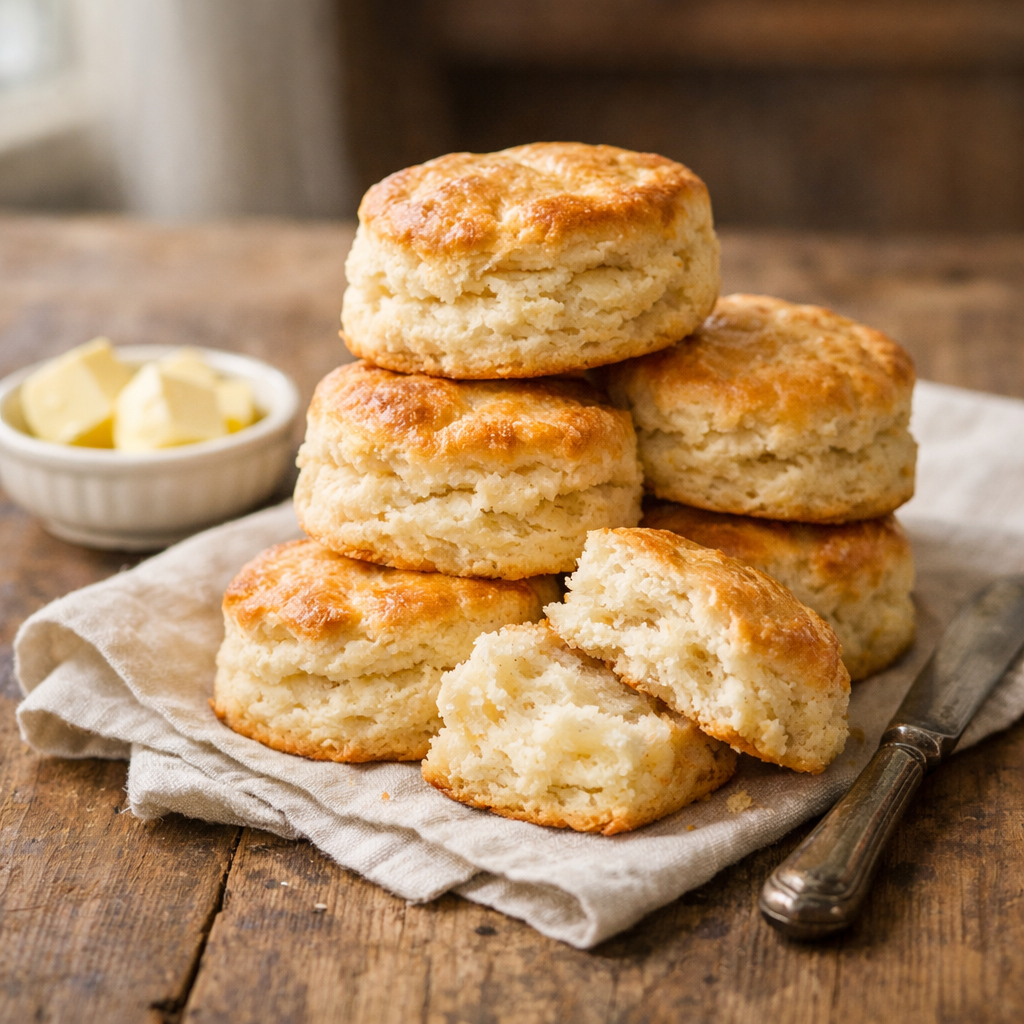 Stack of homemade classic buttermilk biscuits broken open to show flaky, buttery layers on a rustic wooden table.