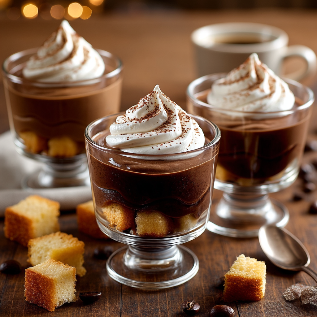 Clear glass dessert cups filled with layered pound cake cubes, creamy mocha chocolate pudding, and a swirl of Cool Whip, styled on a rustic wooden table with coffee beans and a cup of coffee in the background.