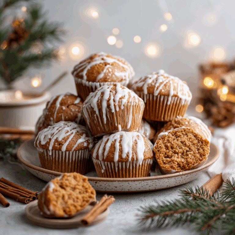 A plate stacked with freshly baked gingerbread muffins drizzled with a sweet vanilla glaze, surrounded by cinnamon sticks, pine sprigs, and warm holiday lights in a cozy rustic setting.
