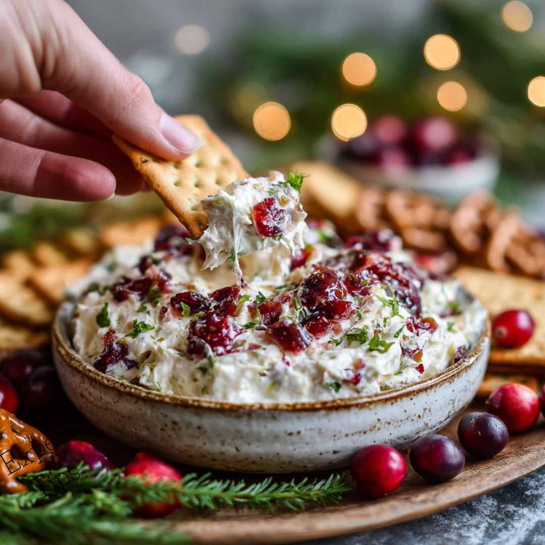 Cracker Lifting a Scoop of Cranberry Jalapeño Cream Cheese Dip