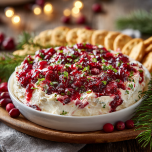 A shallow white serving dish filled with creamy cranberry jalapeño cream cheese dip, topped with glossy chopped cranberries, jalapeños, and cilantro. Surrounded by crackers and holiday greenery in a rustic farmhouse setting.