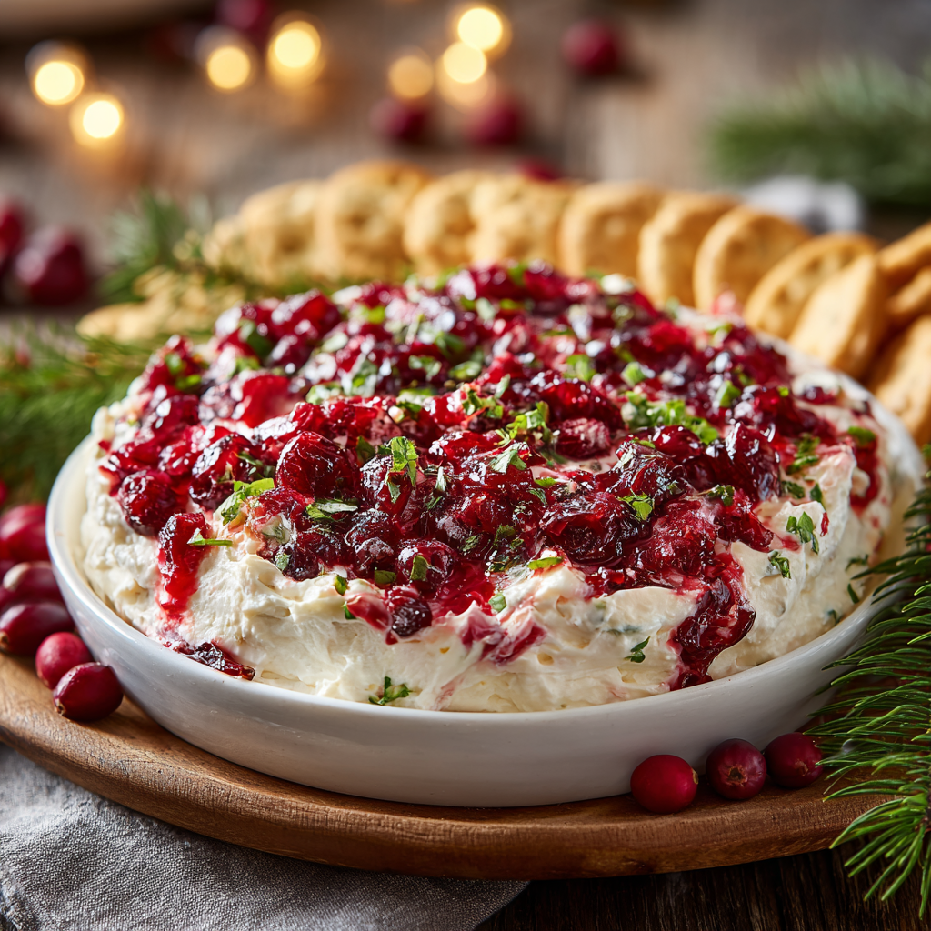 A shallow white serving dish filled with creamy cranberry jalapeño cream cheese dip, topped with glossy chopped cranberries, jalapeños, and cilantro. Surrounded by crackers and holiday greenery in a rustic farmhouse setting.