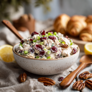 A creamy cranberry pecan chicken salad served in a speckled stoneware bowl, topped with dried cranberries and green onions, surrounded by pecans, lemon slices, and croissants in the background.