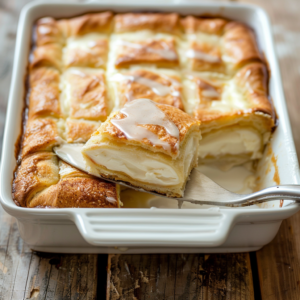 Cream cheese danish casserole with flaky crescent layers and a thick cream cheese filling, baked golden brown and drizzled with vanilla glaze