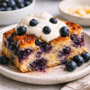 A close-up plated serving of blueberry breakfast bake with a soft, custardy interior, juicy blueberries throughout, and a dollop of creamy yogurt on top.