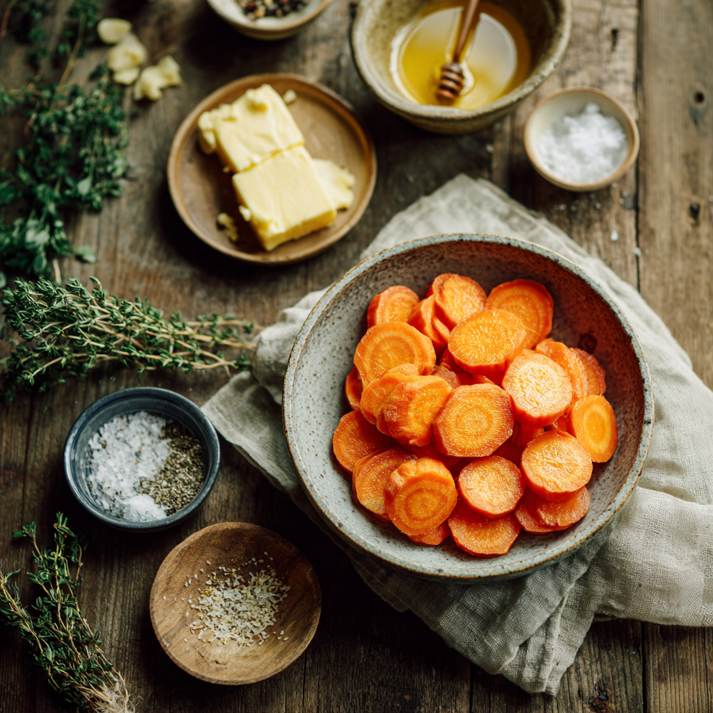 Flat-lay of sliced carrots in a bowl surrounded by butter, honey, salt, pepper, and fresh herbs on a rustic wooden surface, styled for expert cooking tips.