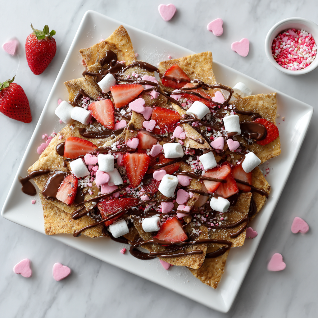 Valentine dessert nachos topped with chocolate drizzle, fresh strawberries, marshmallows, and pink candy hearts on a white platter